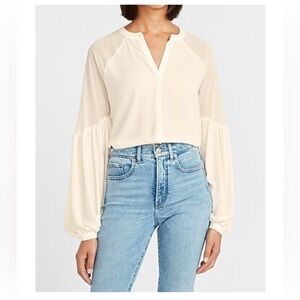 Express Chiffon Sheer Pieced Bubble Sleeve Shirt